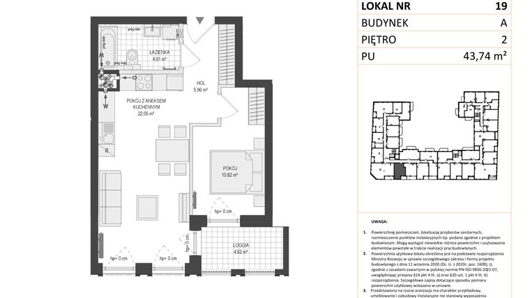 Rzut - Mieszkanie na sprzedaż 2 pokoje o powierzchni 43,74 m² - numer A.19 w Esencja