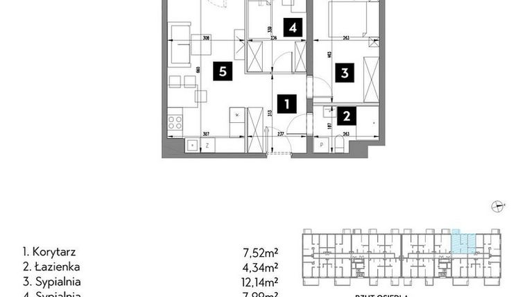 Rzut - Mieszkanie na sprzedaż 3 pokoje o powierzchni 51,92 m² - numer A2/1/8 w Metr Kwadrat