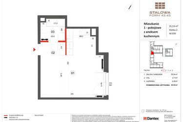 Rzut - Mieszkanie na sprzedaż 1 pokój o powierzchni 35,53 m² - numer 39 w Stalowa Form 43.45