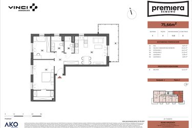 Rzut - Mieszkanie na sprzedaż 3 pokoje o powierzchni 75,66 m² - numer C.11 w Premiera Bemowo