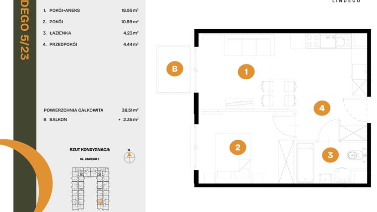 Rzut - Mieszkanie na sprzedaż 2 pokoje o powierzchni 38,51 m² - numer 23 w CLOU LINDEGO