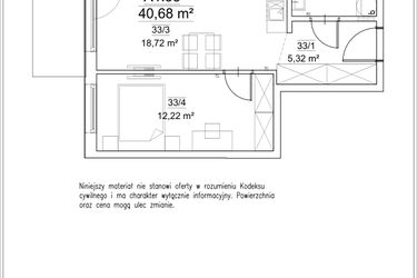 Rzut - Mieszkanie na sprzedaż 2 pokoje o powierzchni 40,68 m² - numer A1.33 w FORTnatura