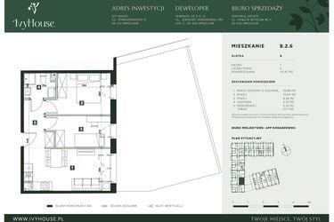 Rzut - Mieszkanie na sprzedaż 3 pokoje o powierzchni 43,43 m² - numer B.2.6 w IVY HOUSE