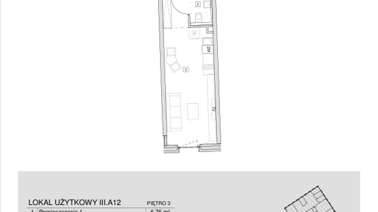 Rzut - Mieszkanie na sprzedaż 1 pokój o powierzchni 27,63 m² - numer III.A.12 w Krakowska 35 - Apartamenty Inwestycyjne