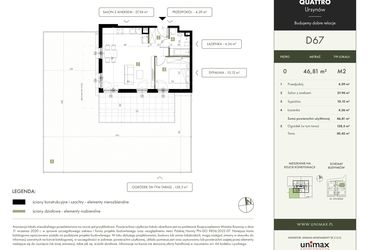 Rzut - Mieszkanie na sprzedaż 2 pokoje o powierzchni 46,81 m² - numer D67 w Quattro Ursynów