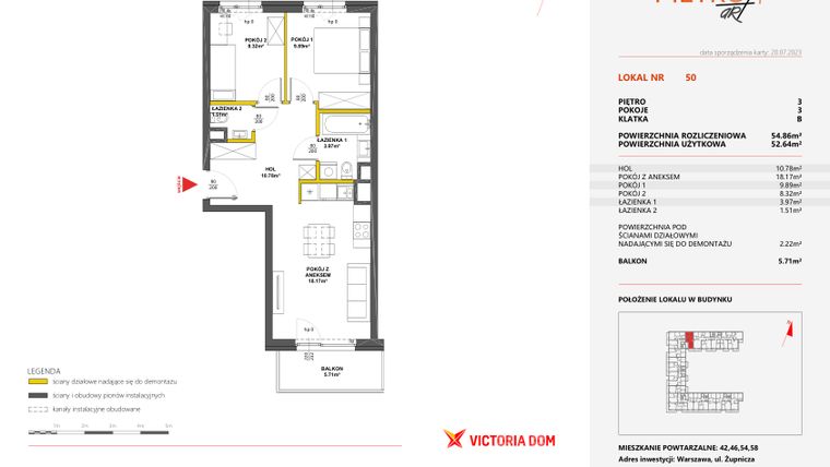 Rzut - Mieszkanie na sprzedaż 3 pokoje o powierzchni 54,86 m² - numer 50 w Metro Art 9
