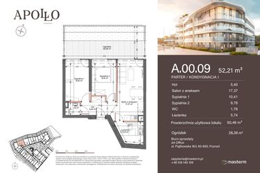 Rzut - Mieszkanie na sprzedaż 2 pokoje o powierzchni 50,46 m² - numer A.0.09 w Apollo Residence