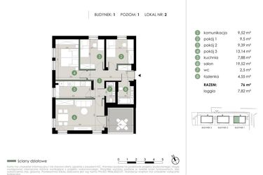 Rzut - Mieszkanie na sprzedaż 4 pokoje o powierzchni 76 m² - numer 1.2. w Osiedle Kwiatowa