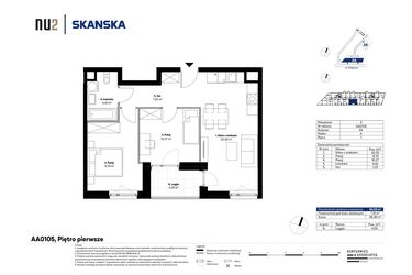 Rzut - Mieszkanie na sprzedaż 3 pokoje o powierzchni 54,23 m² - numer AA0105 w NU2 Warszawa Wola - apartamenty wykończone pod klucz