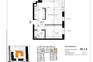 Rzut - Mieszkanie na sprzedaż 2 pokoje o powierzchni 48,92 m² - numer FB.1.4 w Nowy Folwark