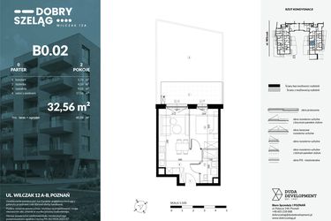 Rzut - Mieszkanie na sprzedaż 2 pokoje o powierzchni 32,56 m² - numer B0.02 w Dobry Szeląg