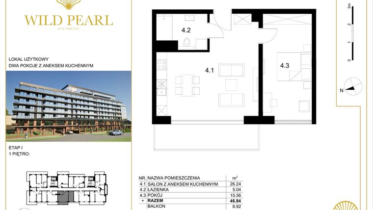 Rzut - Mieszkanie na sprzedaż 2 pokoje o powierzchni 46,84 m² - numer 1.4 w Wild Pearl