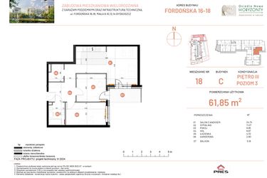 Rzut - Mieszkanie na sprzedaż 3 pokoje o powierzchni 61,85 m² - numer 18.18 w Osiedle Nowe Horyzonty etap II