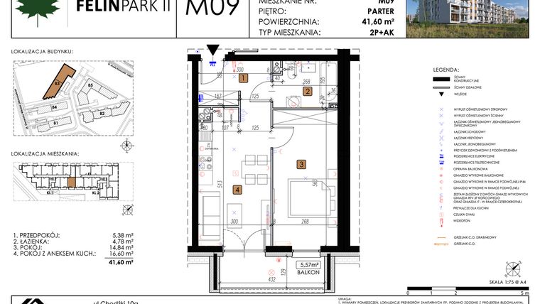 Rzut - Mieszkanie na sprzedaż 2 pokoje o powierzchni 41,63 m² - numer M09 w Felin Park II etap 2
