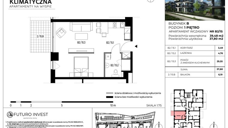 Rzut - Mieszkanie na sprzedaż 2 pokoje o powierzchni 38,48 m² - numer B2/15 w Apartamenty Klimatyczna