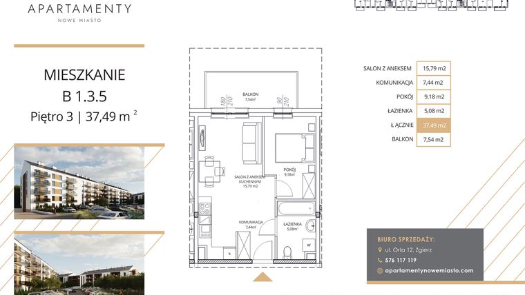 Rzut - Mieszkanie na sprzedaż 2 pokoje o powierzchni 37,49 m² - numer B1.3.5 w Apartamenty Nowe Miasto