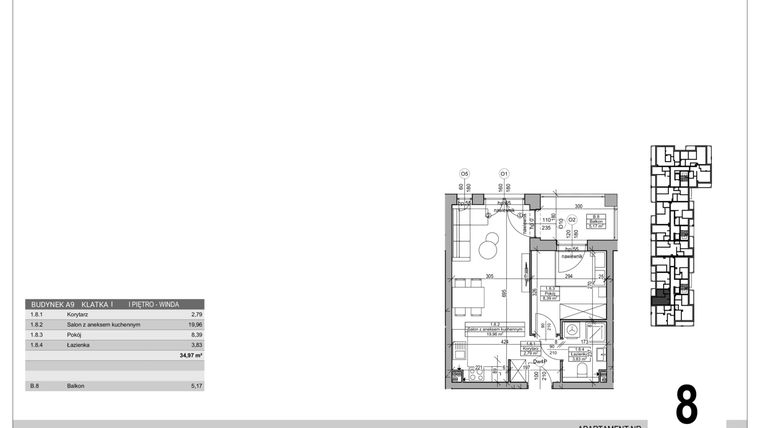 Rzut - Mieszkanie na sprzedaż 2 pokoje o powierzchni 34,97 m² - numer A.9.M.8 w Sobola Biel A9