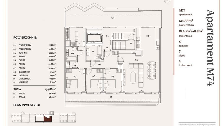 Rzut - Mieszkanie na sprzedaż 4 pokoje o powierzchni 135,82 m² - numer C.74 w Młyny Mogilska