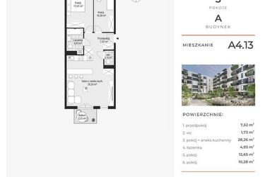 Rzut - Mieszkanie na sprzedaż 3 pokoje o powierzchni 65,49 m² - numer A4.13 w Enklawa Bukowa