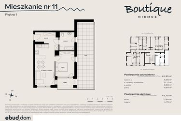 Rzut - Mieszkanie na sprzedaż 3 pokoje o powierzchni 46,99 m² - numer 11 w Boutique NIEMCZ
