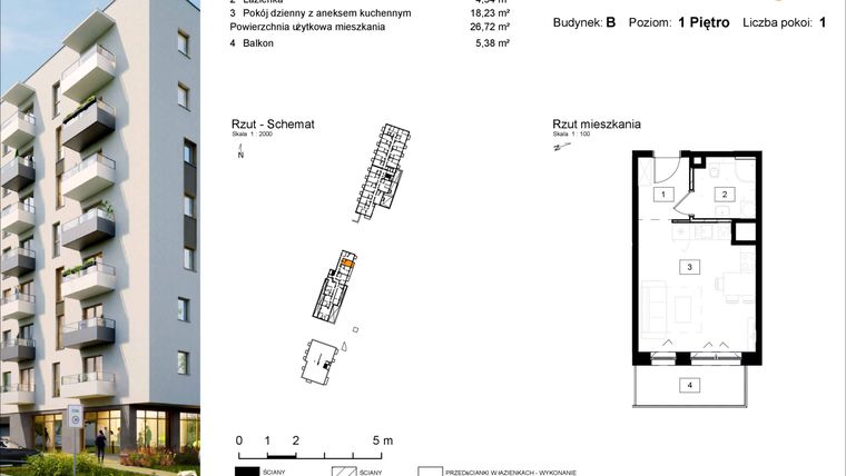 Rzut - Mieszkanie na sprzedaż 1 pokój o powierzchni 26,72 m² - numer B.6 w Osiedle Kochanowskiego - Gliwice