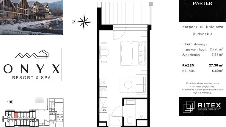 Rzut - Mieszkanie na sprzedaż 1 pokój o powierzchni 27,43 m² - numer NR 0.A12 w Onyx Resort & Spa