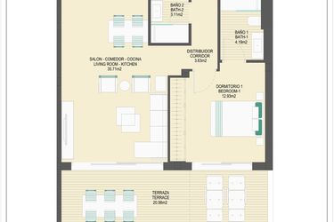 Rzut - Mieszkanie na sprzedaż 3 pokoje o powierzchni 91,3 m² - numer B61D w Arrecife by UrbinCasa