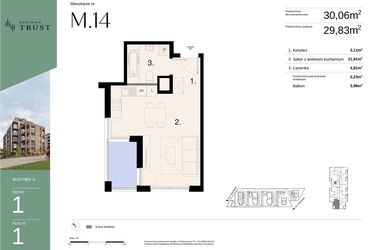 Rzut - Mieszkanie na sprzedaż 1 pokój o powierzchni 30,06 m² - numer A - M.14 w Dzielnica Trust - etap I