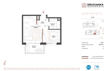 Rzut - Mieszkanie na sprzedaż 2 pokoje o powierzchni 39,11 m² - numer D.1.3 w Drucianka Wschodnia
