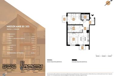 Rzut - Mieszkanie na sprzedaż 3 pokoje o powierzchni 61,48 m² - numer B1.303 w MOTTO Wojnów