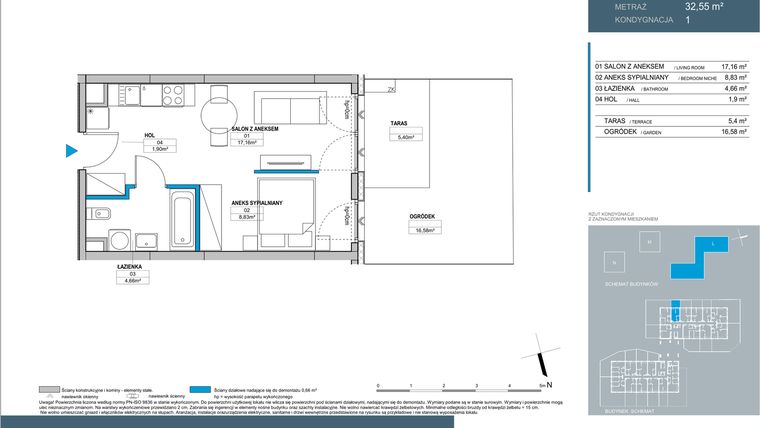 Rzut - Mieszkanie na sprzedaż 1 pokój o powierzchni 32,55 m² - numer L2.1.03 w Nordic Bemowo - etap III