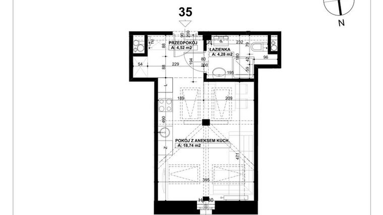 Rzut - Mieszkanie na sprzedaż 1 pokój o powierzchni 27,54 m² - numer 35 w Święty Marcin 65