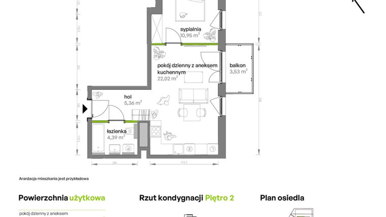 Rzut - Mieszkanie na sprzedaż 2 pokoje o powierzchni 42,72 m² - numer AA0201 w Ptasia Vita