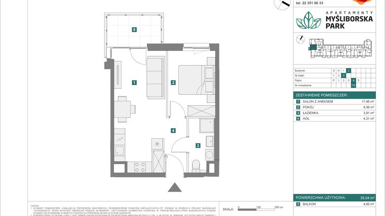 Rzut - Mieszkanie na sprzedaż 2 pokoje o powierzchni 35,04 m² - numer J74 w Apartamenty Myśliborska Park