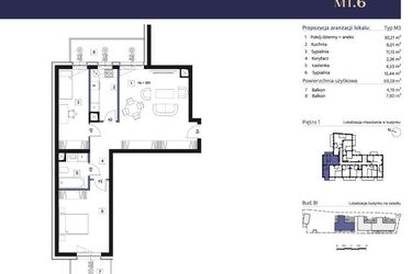 Rzut - Mieszkanie na sprzedaż 3 pokoje o powierzchni 69,6 m² - numer B1 – M1.6 w Primacasa