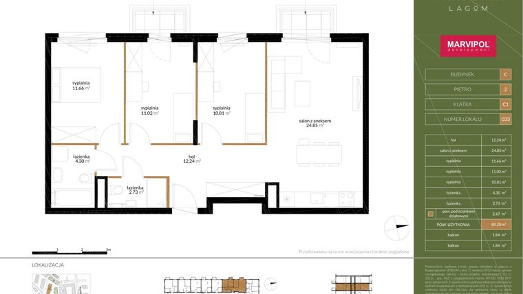 Rzut - Mieszkanie na sprzedaż 4 pokoje o powierzchni 80,01 m² - numer C033 w Gardenia Lagom