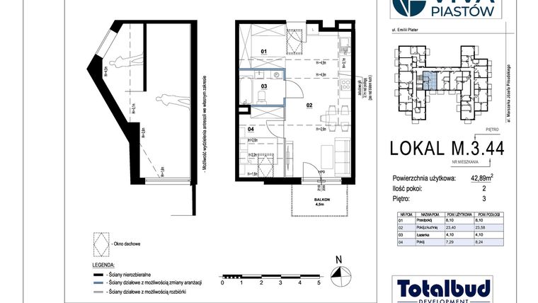 Rzut - Mieszkanie na sprzedaż 2 pokoje o powierzchni 42,89 m² - numer M.3.44 w Viva Piastów