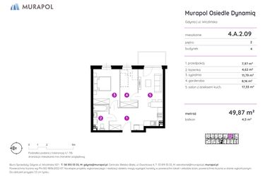 Rzut - Mieszkanie na sprzedaż 2 pokoje o powierzchni 49,87 m² - numer 4.A.2.09 w Murapol Osiedle Dynamiq