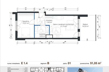 Rzut - Mieszkanie na sprzedaż 2 pokoje o powierzchni 51,05 m² - numer E 1.4 w Nowe Zabłocie