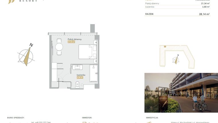 Rzut - Mieszkanie na sprzedaż 1 pokój o powierzchni 28,14 m² - numer H.1.26 w Harmony Resort