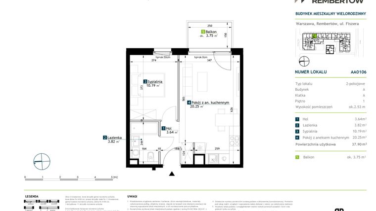 Rzut - Mieszkanie na sprzedaż 2 pokoje o powierzchni 37,9 m² - numer AA0106 w Stacja Rembertów