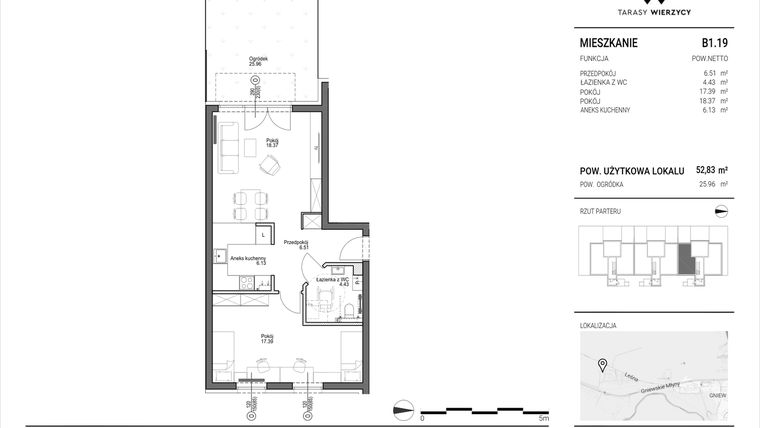 Rzut - Mieszkanie na sprzedaż 2 pokoje o powierzchni 52,83 m² - numer B1.19 w Tarasy Wierzycy