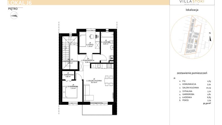 Rzut - Mieszkanie na sprzedaż 3 pokoje o powierzchni 52,3 m² - numer J6 w Villa Stoki (mieszkania)