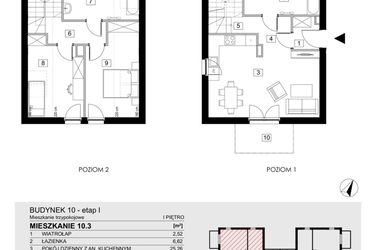 Rzut - Mieszkanie na sprzedaż 3 pokoje o powierzchni 74,4 m² - numer 10.3 w Jasieny