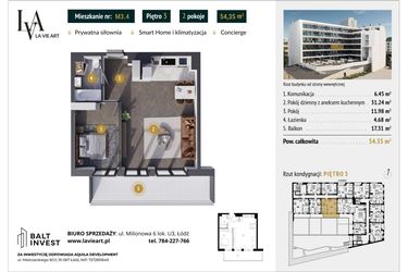 Rzut - Mieszkanie na sprzedaż 2 pokoje o powierzchni 54,35 m² - numer M3.4 w La Vie Art