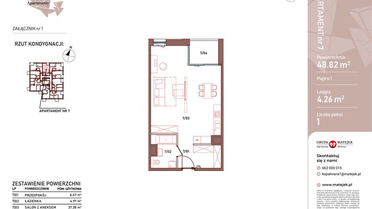 Rzut - Mieszkanie na sprzedaż 1 pokój o powierzchni 48,82 m² - numer 7 w Kopalniana