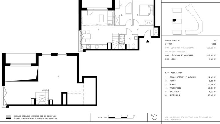 Rzut - Mieszkanie na sprzedaż 3 pokoje o powierzchni 115,92 m² - numer A6.P8 w Nocznickiego 29 bud. A