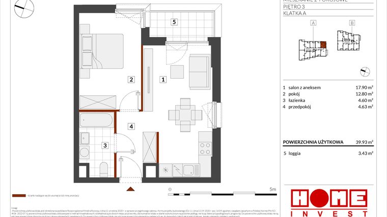 Rzut - Mieszkanie na sprzedaż 2 pokoje o powierzchni 39,93 m² - numer WS-L-A033 w Warszawski Świt etap XII
