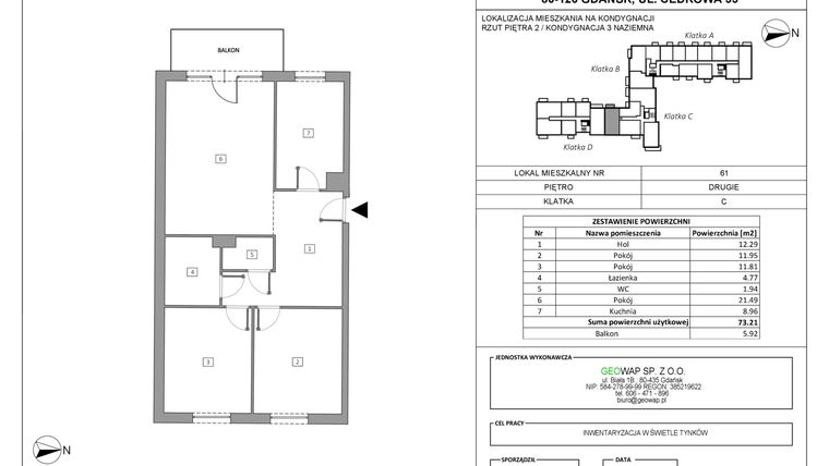 Rzut - Mieszkanie na sprzedaż 3 pokoje o powierzchni 73,21 m² - numer 61 w Wolne Miasto etap VII