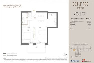 Rzut - Mieszkanie na sprzedaż 2 pokoje o powierzchni 43,96 m² - numer A 02.01 w DUNE Park